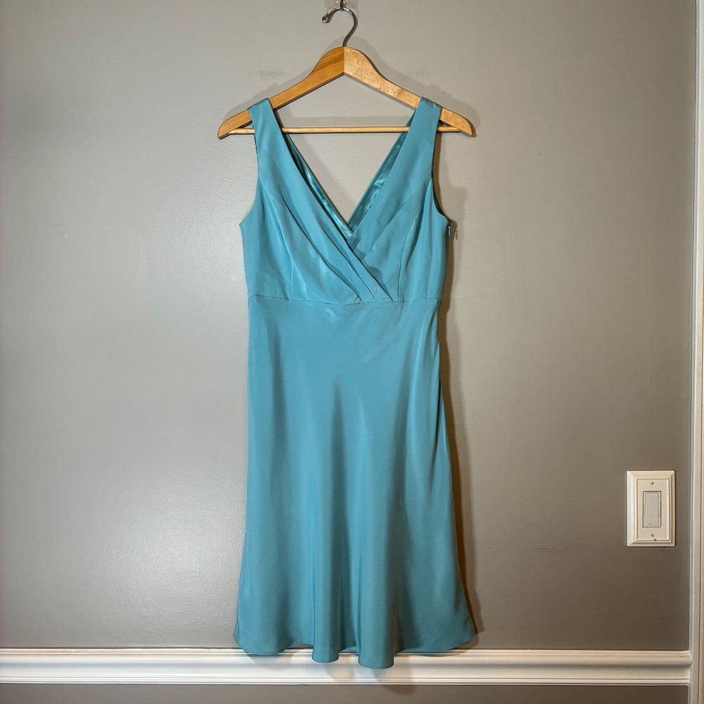 Ann Taylor Aqua Blue 100% Silk V-Neck A-Line Cocktail Dress 4 104-240593